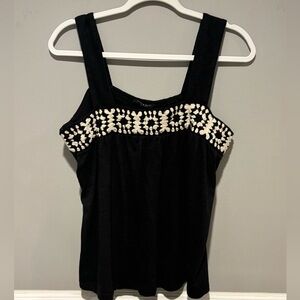 Women's Lucky Brand Black Top with Cream/Light Tan Crocheted Embroidery-…